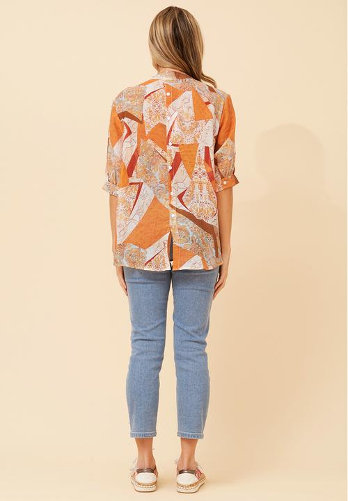 Izabel London - Half Sleeve Batwing Easy Wearing Printed Sheer Blouse With Back Button Stand Detail - Orange