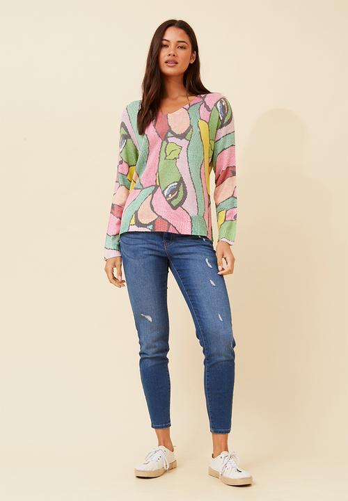 MANDI - Made In Italy Viscose Blend L/S -Neck Knitwear Top - Pink Multi