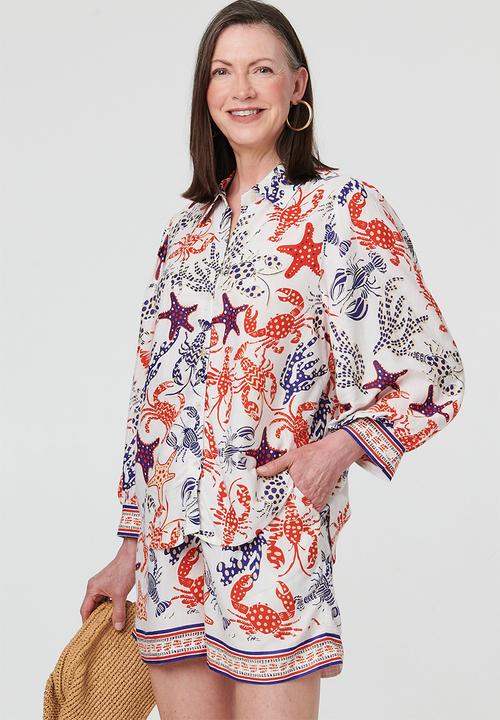 MANDI - 3/4 Sleeve Button Through Border Print Starfish Blouse - Multi