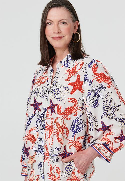 MANDI - 3/4 Sleeve Button Through Border Print Starfish Blouse - Multi
