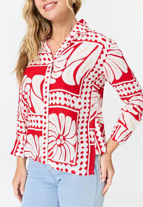 MANDI - L/S Button Through Printed Blouse - Multi Red