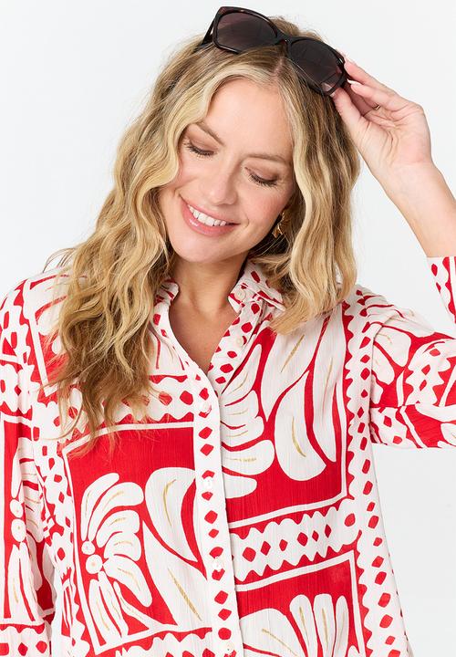 MANDI - High Waisted Short Border Print Detail - Multi Red