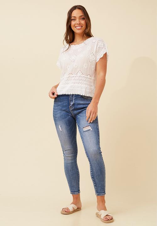 MANDI - Cap Sleeve Voile Blouse With Embriodery At Hem And Cuff - White