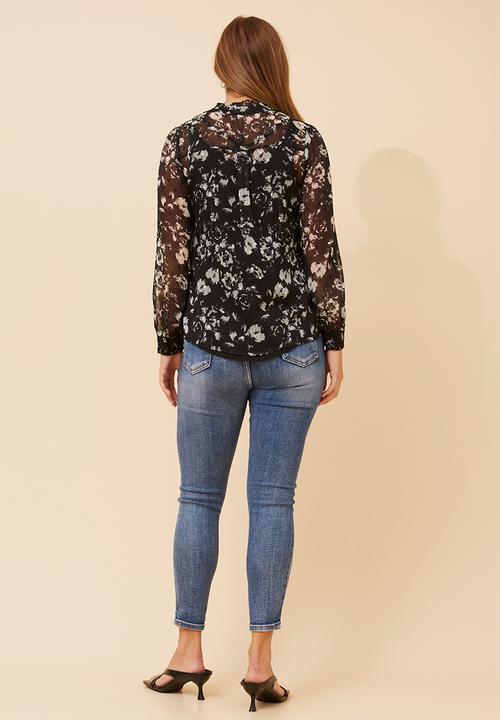 MANDI - L/S Printed Sheer V-Neck Button Through Blouse - Black