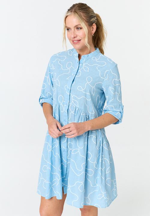 Stella Morgan - 3/3 Sleeve Mandarin Collar Tiered Midi Dress - Blue