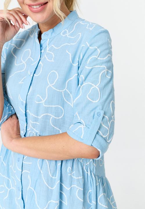 Stella Morgan - 3/3 Sleeve Mandarin Collar Tiered Midi Dress - Blue