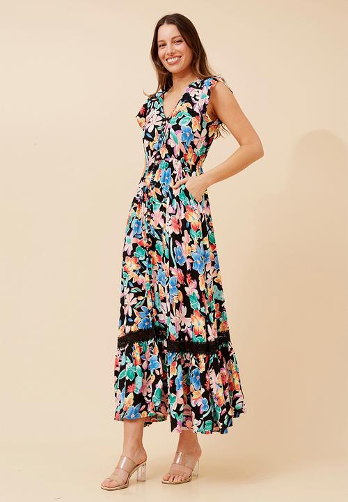 Stella Morgan - Cap Sleeve With Flutter V-Neck Button Through Maxi Dress With Border Print Detail - Multi Black