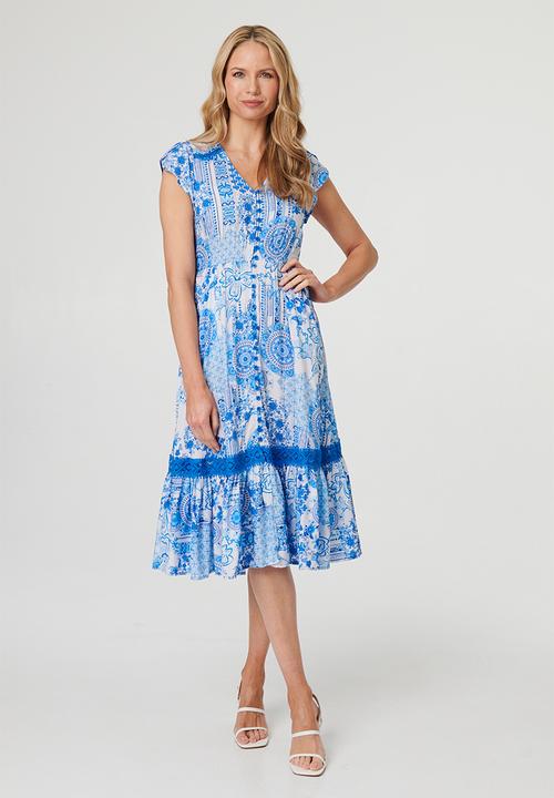 Stella Morgan - Cap Sleeve With Flutter V-Neck Button Through Midi Dress With Border Print Detail - Blue