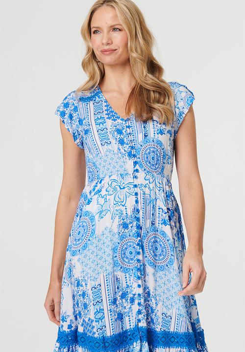 Stella Morgan - Cap Sleeve With Flutter V-Neck Button Through Midi Dress With Border Print Detail - Blue