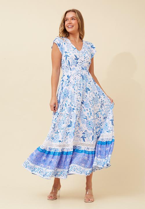 Stella Morgan - Cap Sleeve With Flutter V-Neck Button Through Maxi Dress With Border Print Detail - Multi Blue