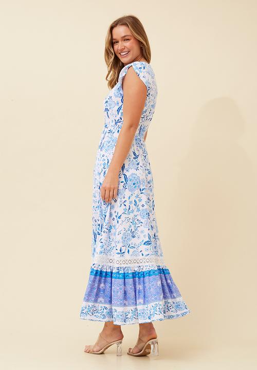 Stella Morgan - Cap Sleeve With Flutter V-Neck Button Through Maxi Dress With Border Print Detail - Multi Blue