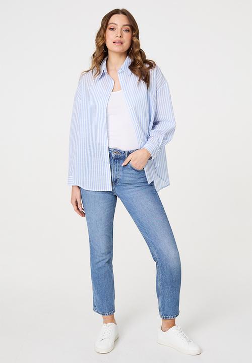 Stella Morgan - L/S Button Through Easy Wearing Stripe Shirt With Dropped Shoulder - Blue