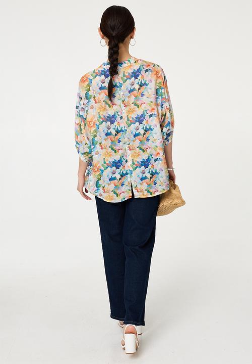 Stella Morgan - Half Sleeve Batwing Easy Wearing Printed Sheer Blouse With Back Button Stand Detail - Multi Blue