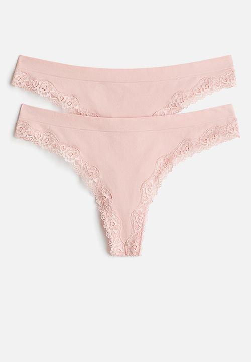 H&M - 2-Pack seamless lace-trimmed thong briefs - light pink