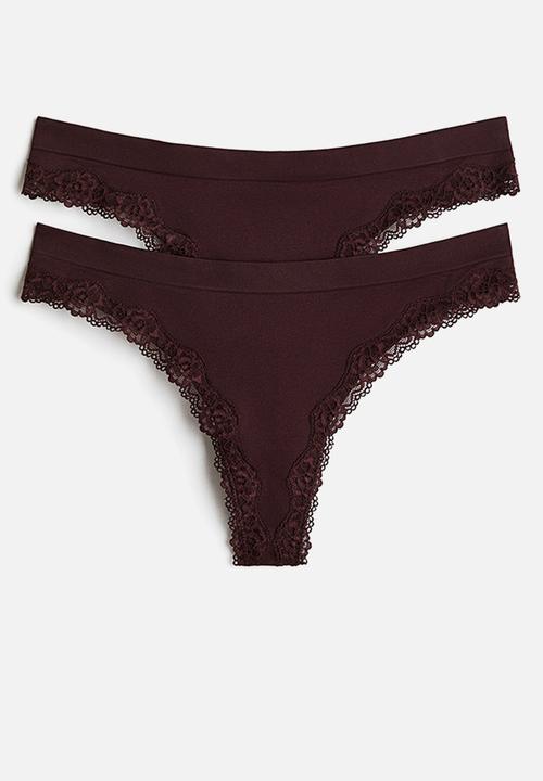 H&M - 2-Pack seamless lace-trimmed thong briefs - dark brown