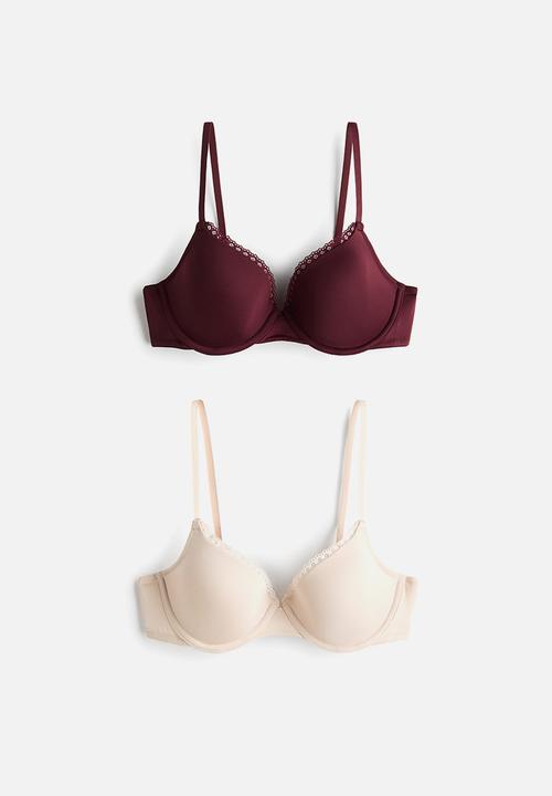 H&M - 2-pack padded underwired microfibre bras - light beige/burgundy