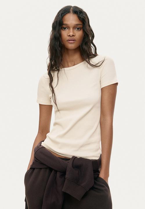 H&M - Ribbed t-shirt - light beige
