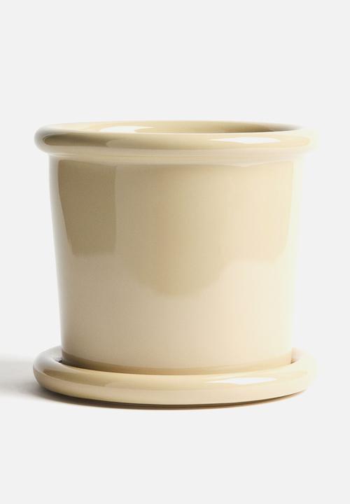 H&M - Large stoneware plant pot with saucer - light yellow