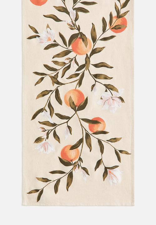 H&M - Patterned linen-blend table runner - light beige/oranges