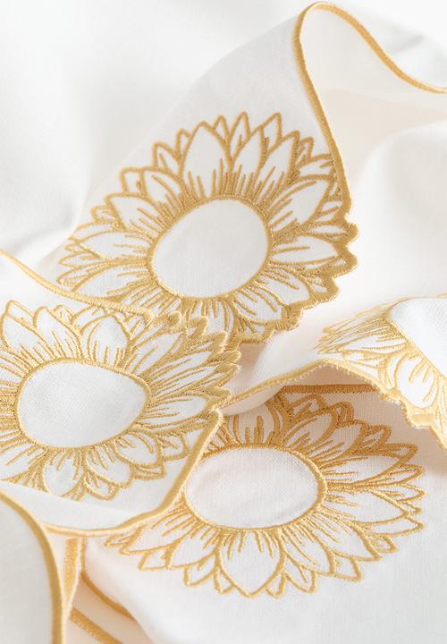 H&M - 4-pack embroidery-detail linen-blend napkins - white/yellow