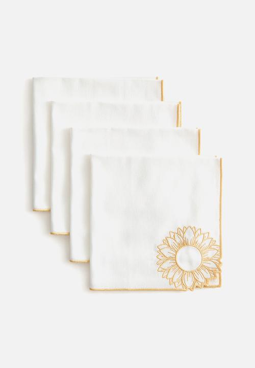 H&M - 4-pack embroidery-detail linen-blend napkins - white/yellow