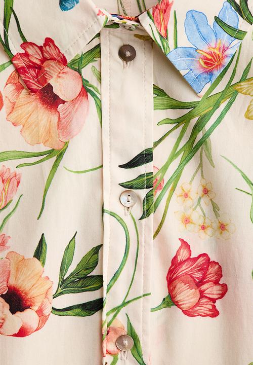 H&M - Short-sleeved shirt dress - cream/floral