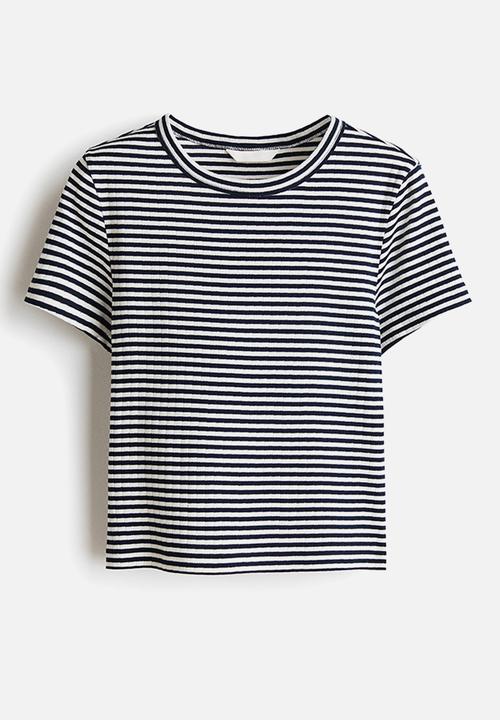 H&M - Ribbed t-shirt - navy blue/striped
