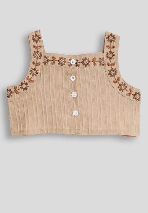 Pop Candy - Embroidered top and wide leg jeans - beige