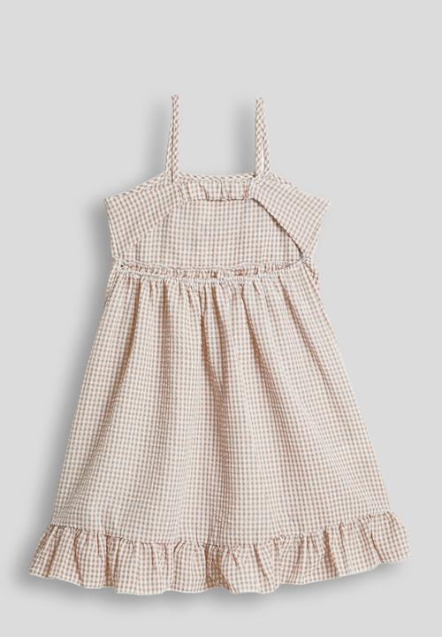 Pop Candy - Gingham spaghetti strap ruffle hem dress - beige