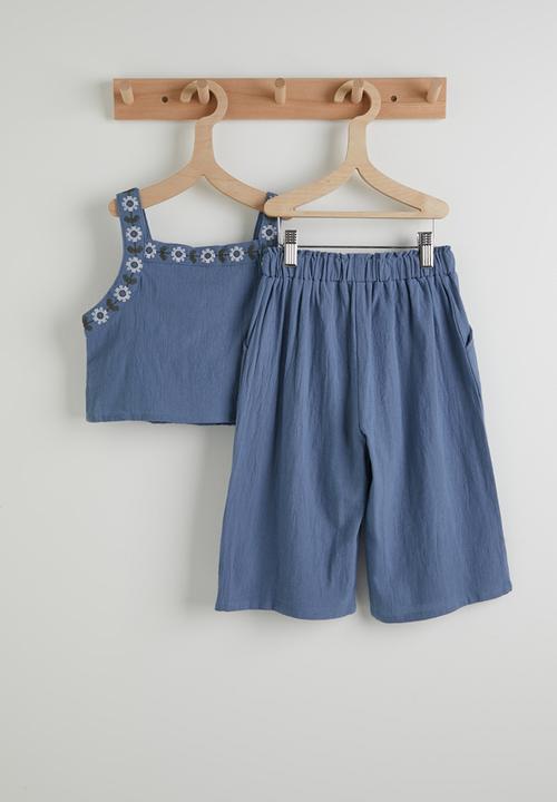 Pop Candy - Embroidered top and wide leg jeans - blue
