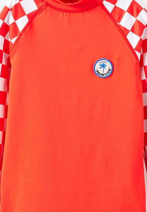 Cotton On - Flynn Long Sleeve Raglan Rash Vest - Pop Red/Vanilla Checkerboard