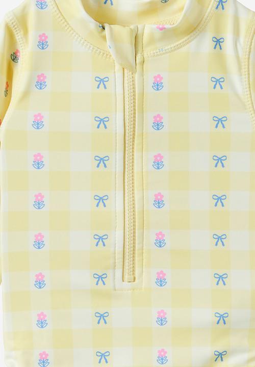 Cotton On - Lucy Long Sleeve Ruffle Back Swimsuit - Lemon Squash/Floral Gingham