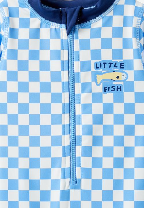 Cotton On - Baby Long Sleeve All In One Swimsuit - Blue Bonet/Checkerboard Little Fish
