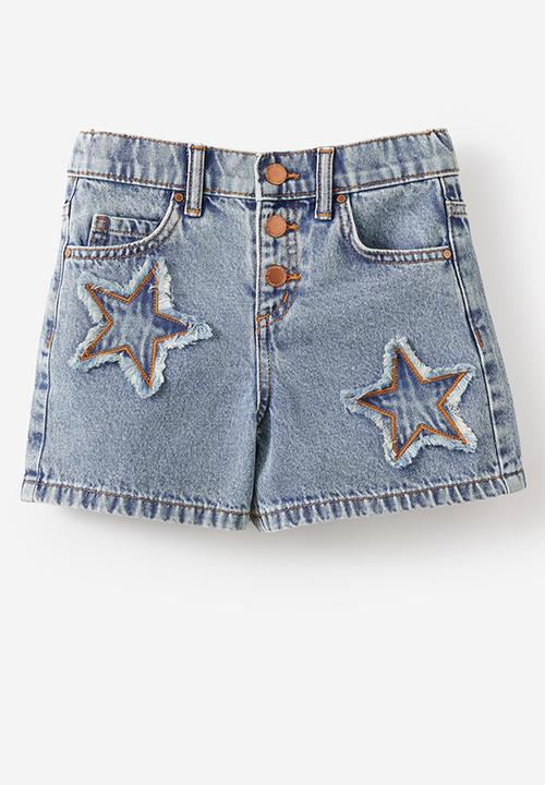 Cotton On - Snap Front Denim Short - Airlie Light Blue/Stars
