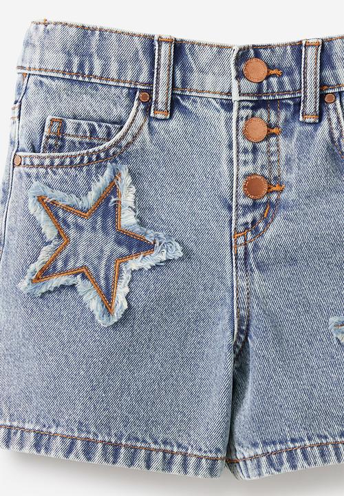Cotton On - Snap Front Denim Short - Airlie Light Blue/Stars