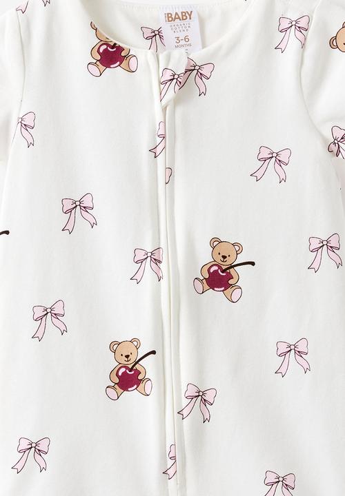 Cotton On - Growie Short Sleeve Zip Romper - Vanilla/Cherry-Bow Bear