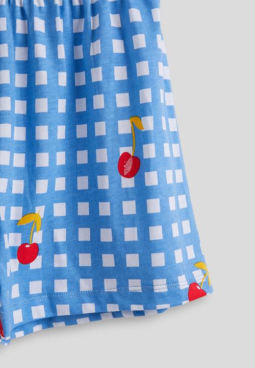 Pop Candy - Graphic tee & gingham shorts - white & blue