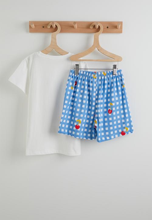 Pop Candy - Graphic tee & gingham shorts - white & blue