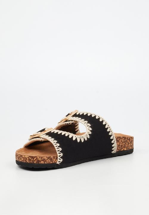Viabeach - Qork 17 embroidered double buckle cork sandal - black