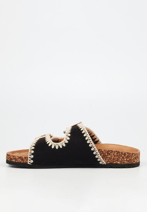 Viabeach - Qork 17 embroidered double buckle cork sandal - black