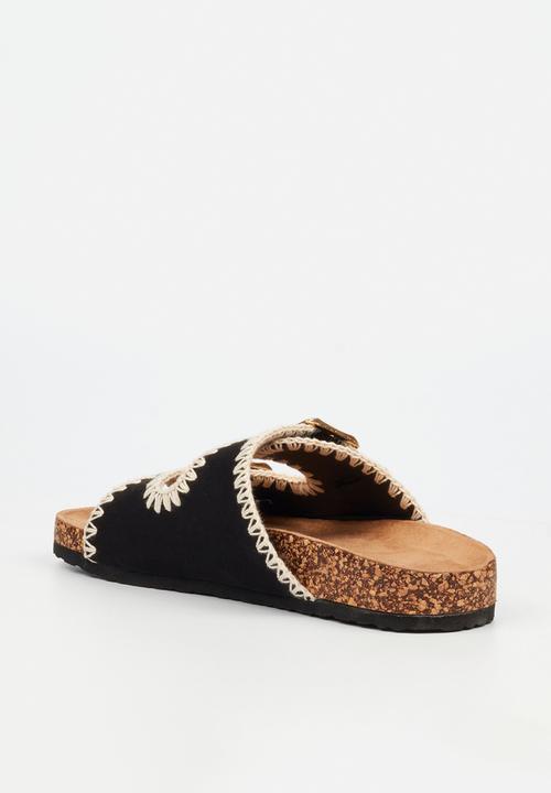 Viabeach - Qork 17 embroidered double buckle cork sandal - black