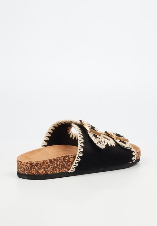 Viabeach - Qork 17 embroidered double buckle cork sandal - black