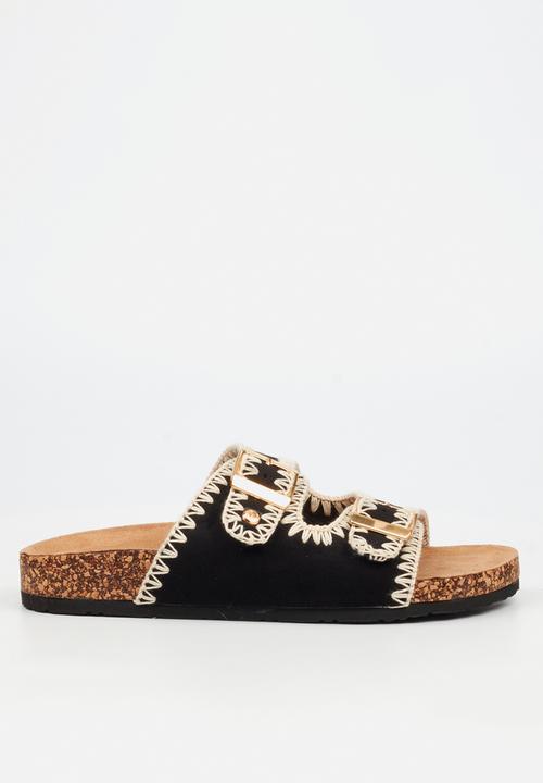 Viabeach - Qork 17 embroidered double buckle cork sandal - black