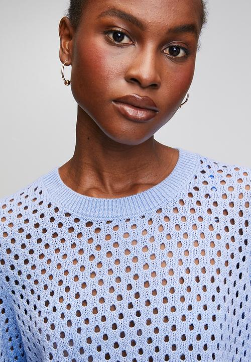 Brave Soul - Crew Neck, Mesh T-Shirt Knit With Frill Detail To Cuff And Hem - Blue
