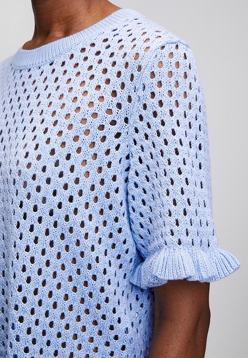Brave Soul - Crew Neck, Mesh T-Shirt Knit With Frill Detail To Cuff And Hem - Blue