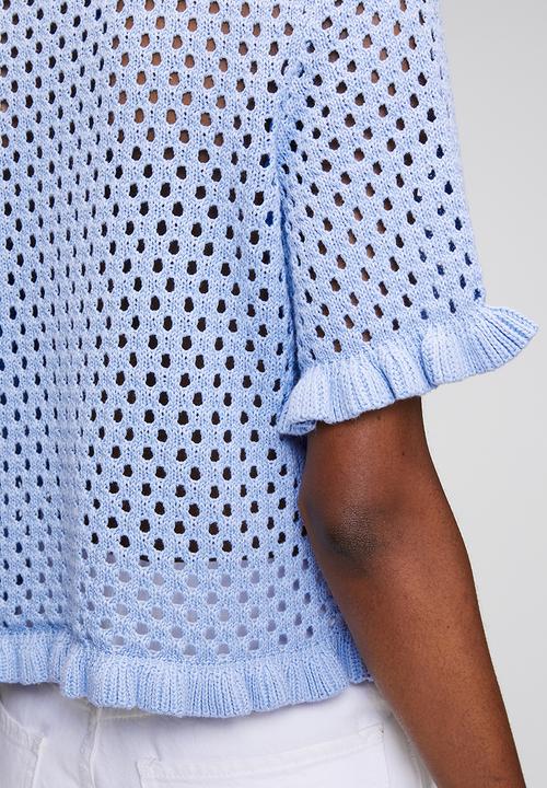Brave Soul - Crew Neck, Mesh T-Shirt Knit With Frill Detail To Cuff And Hem - Blue