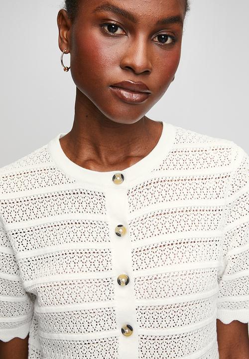 Brave Soul - Ladies Button Through Cardigan With All Over Stitch Repeat - White
