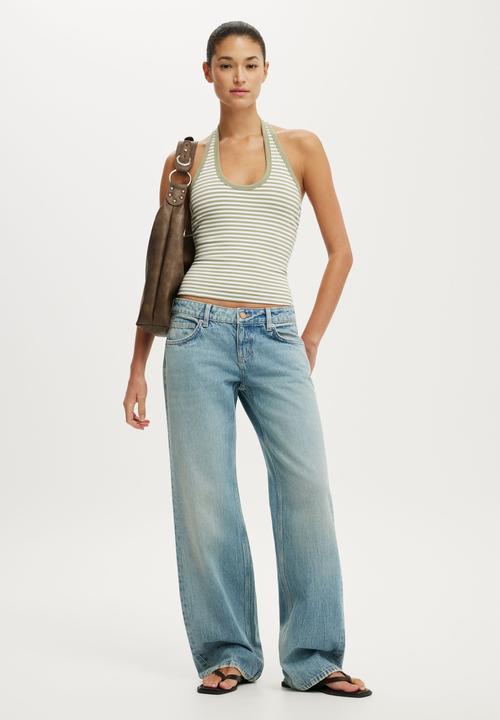 Cotton On - Everyday Smooth Scoop Halter - Madi Stripe Pale Eucalyptus/White