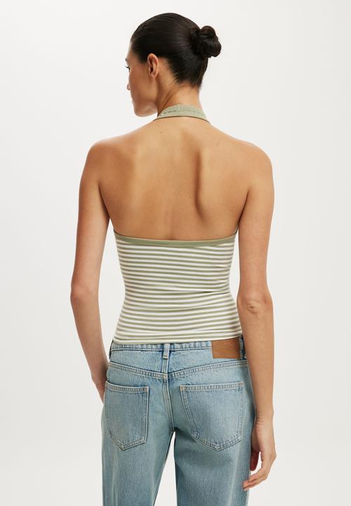 Cotton On - Everyday Smooth Scoop Halter - Madi Stripe Pale Eucalyptus/White