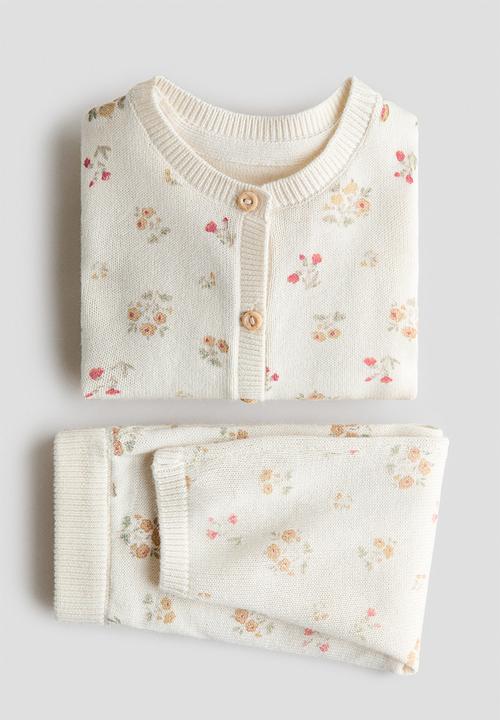 H&M - 2-Piece fine-knit set - light beige/floral